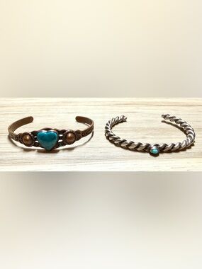 2 Native American Small Turquoise Silver & Copper Cuff Bracelets, Child Size